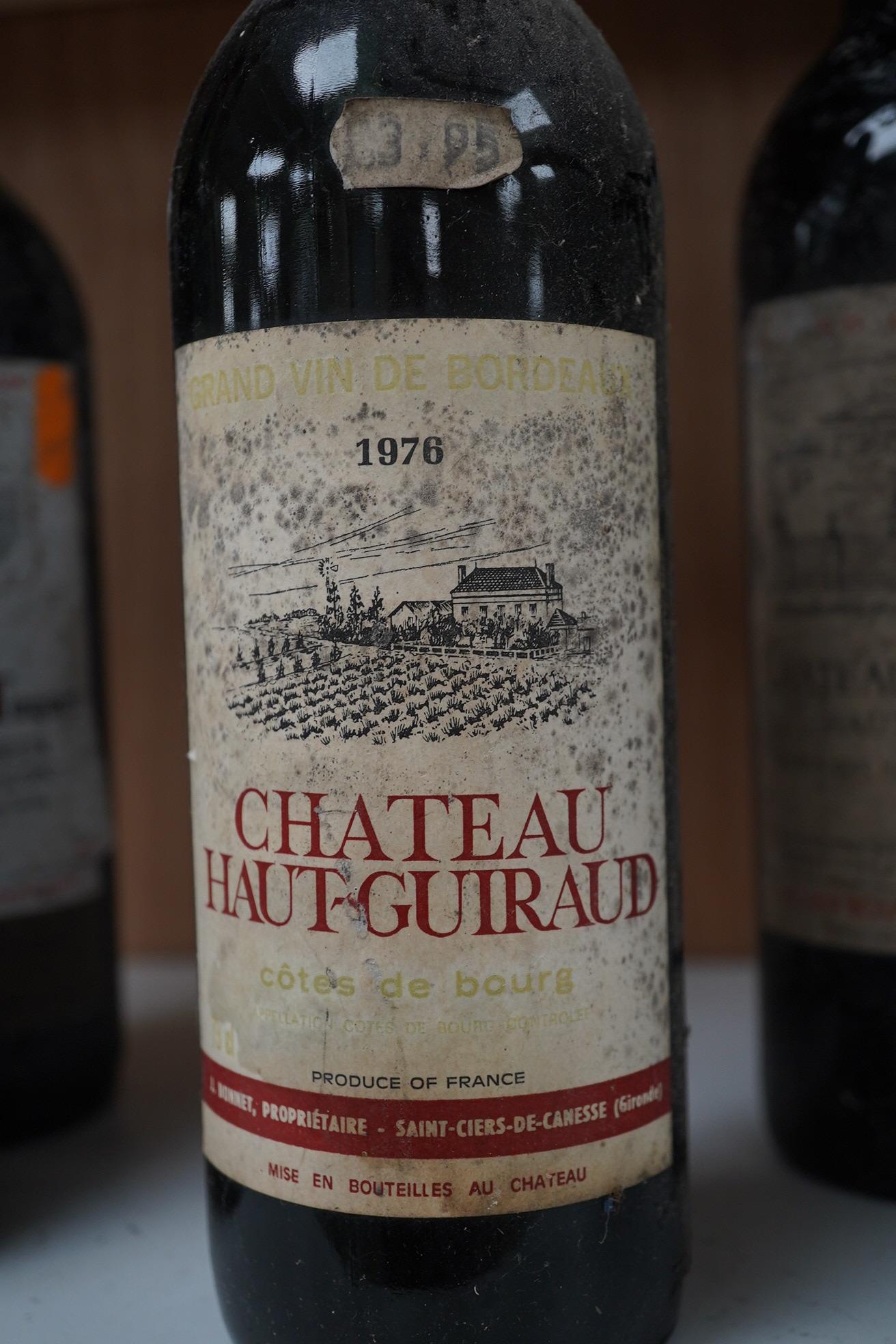 Ten bottles of French red wine to include Marquis D’Aulnay 1976 and Chateau Laroque 1986. Condition - storage unknown